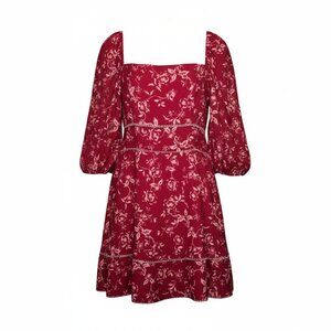 Keepsake The Label Red Floral Mini Dress Large Square Neck Puff Sleeve